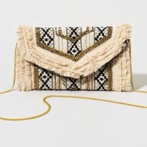 Adika Geometric Fringe Clutch - Black, White, Gold, Cream